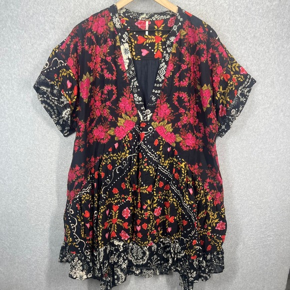Free People Dresses & Skirts - Free People Floral Mini Dress Womens L Black Pink Boho Mixed Print V-Neck EUC